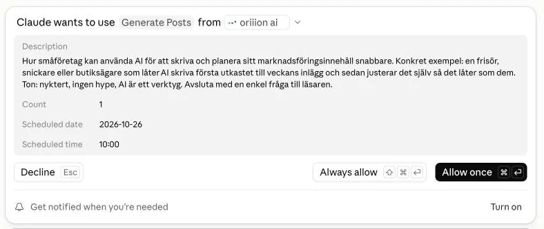 Claude asking for permission before it uses oriiion to create a post, showing the topic, date and time