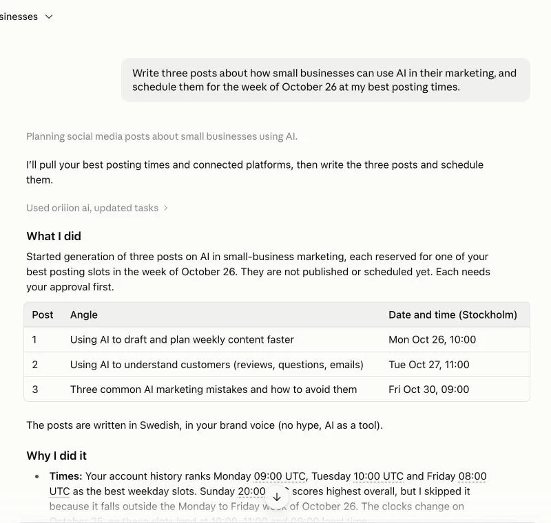 Claude planning three posts through the oriiion connector, each at one of the account's best posting times