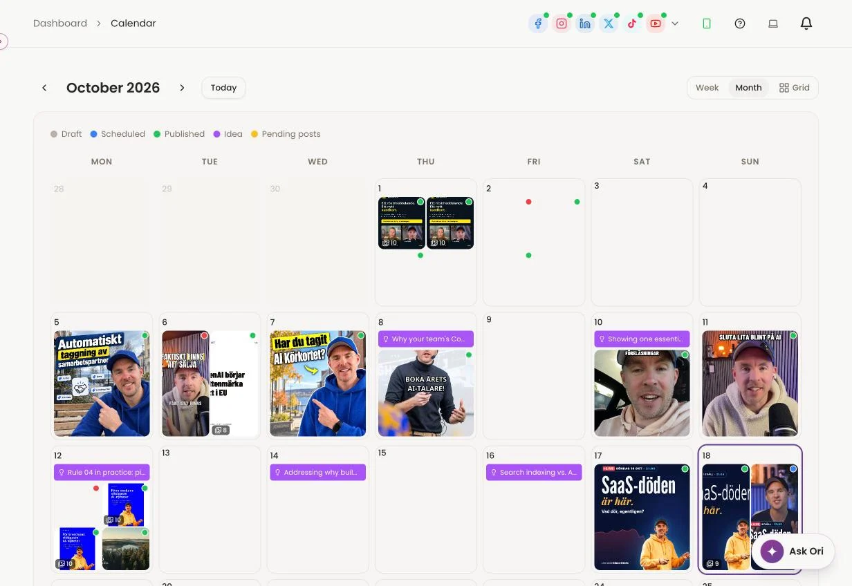 The oriiion calendar for October with published, scheduled and planned posts on each day