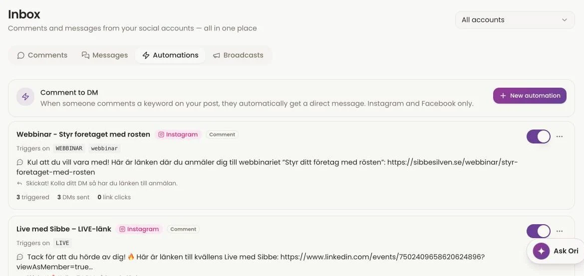 A list of comment-to-DM automations on Instagram, each with its trigger words, the DM text and counts of triggers and DMs sent