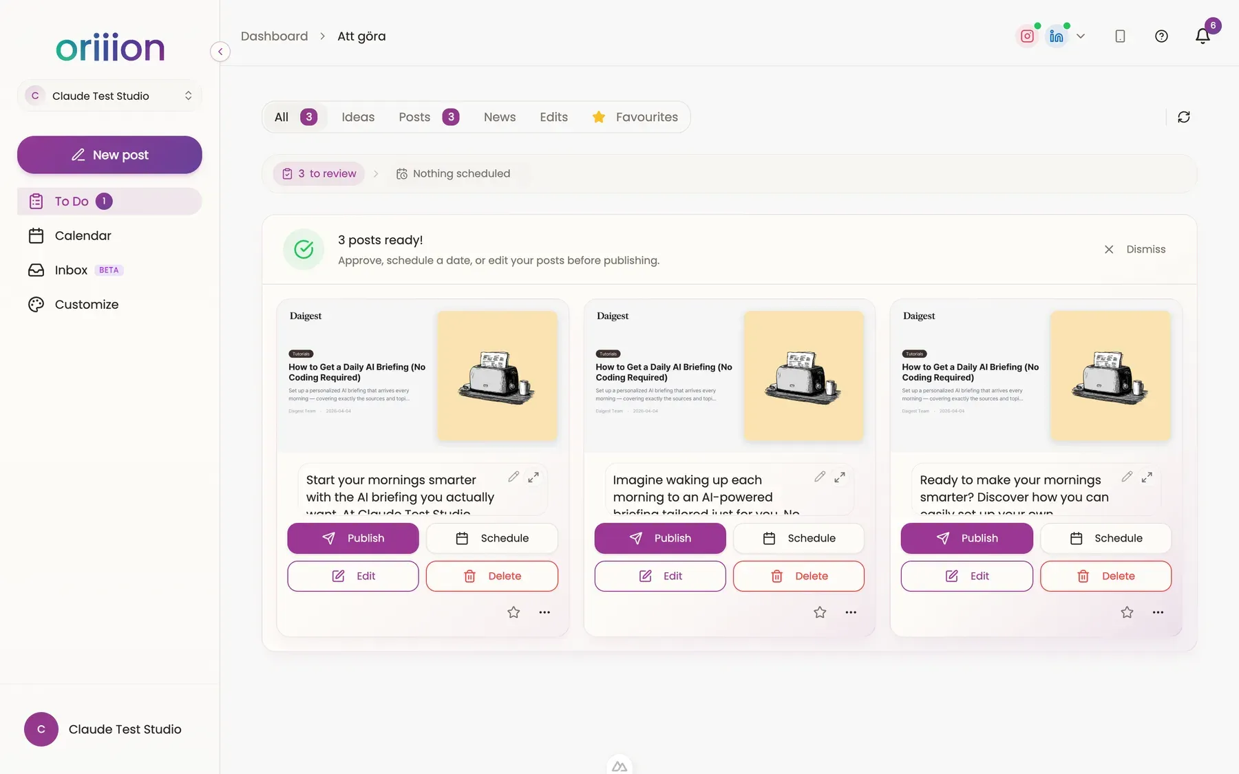 The oriiion dashboard with generated posts