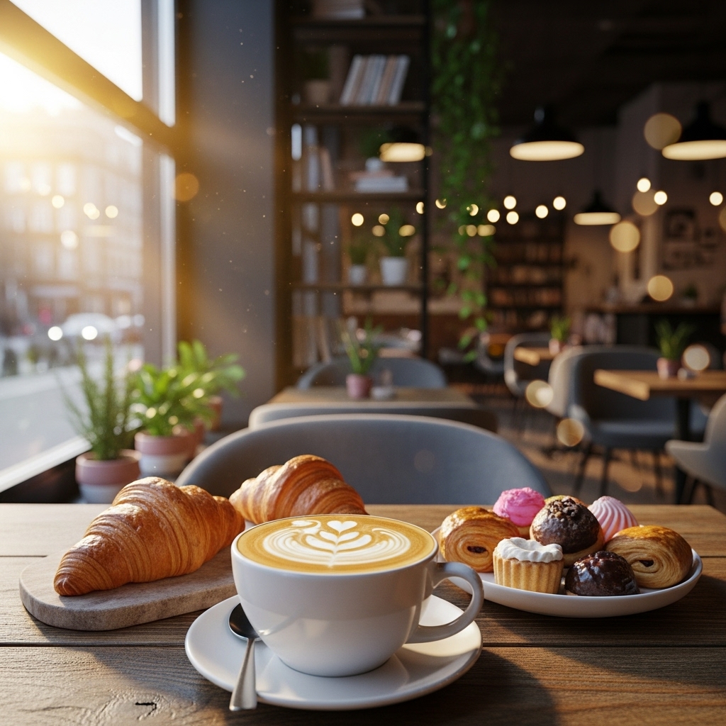 Coffee and pastries on a café table