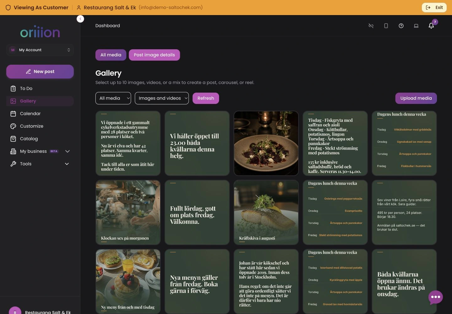 Riktig Oriiion-galleri från det särskilda demokontot Salt & Ek, med restaurangbilder och inlägg